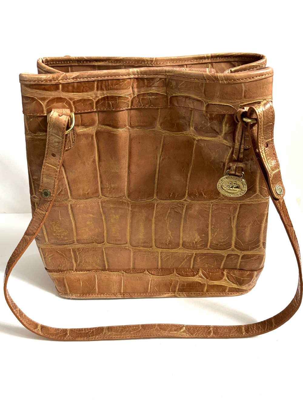 Rare Brahmin Fiora Bucket Toasted Pecan Croc Tan Gold Shimmer